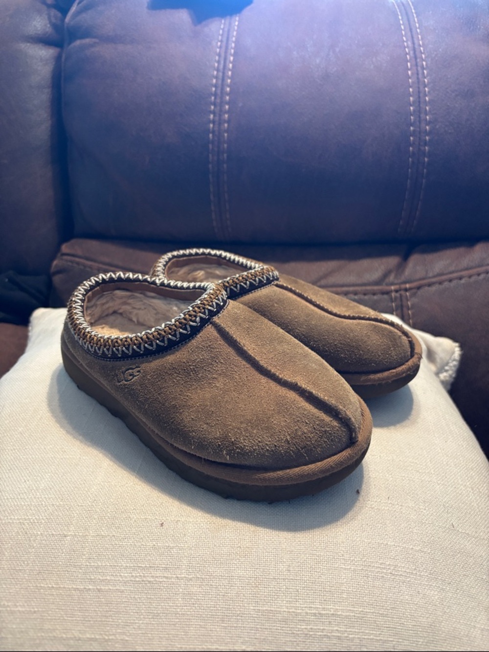 UGG Chestnut Suede Braided-Trim Slip-On Mules